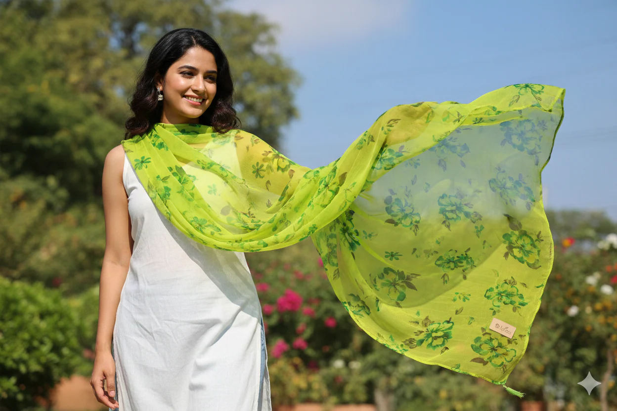 : A woman in a white Asmar Poshak tunic smiling as she displays a flowing, lime-green chiffon dupatta with dark green floral prints