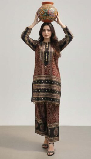 Heritage Ajrak Ensemble, a stunning 2-piece red and black lawn suit featuring traditional hand print ajrak patterns, exquisite gota work, stones on the neck, and lace on sleeves and bottom