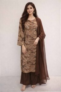 Ethereal Silk Wrap Masterpiece, a stunning 3-piece ensemble featuring a regal silk wrap-style shirt in deep violet or white, adorned with exquisite fancy flower buttons and sheer shafon sleeves with fancy lace work, paired with matching leggings.