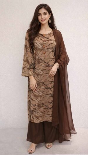 Ethereal Silk Wrap Masterpiece, a stunning 3-piece ensemble featuring a regal silk wrap-style shirt in deep violet or white, adorned with exquisite fancy flower buttons and sheer shafon sleeves with fancy lace work, paired with matching leggings.