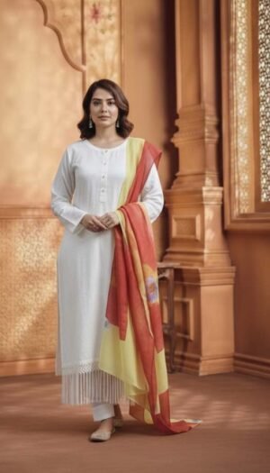 Pearl Radiance Silk-Fusion Suite, a stunning 3-piece white lawn ensemble featuring exquisite white lace on the neckline, sleeves, and hem, paired with a vibrant printed silk dupatta in shades of yellow and sunset orange