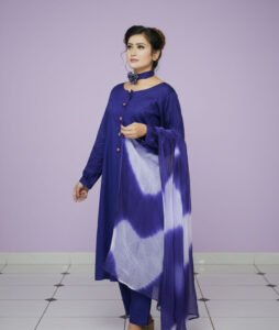 Floral Whisper Shaffon Suite, a stunning 3-piece ensemble featuring a soft-toned lawn kurta with a dainty flower button on the neck, matching trousers, and a flowing shaffon dupatta.