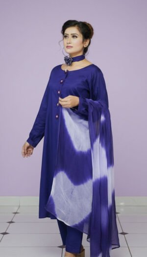 Floral Whisper Shaffon Suite, a stunning 3-piece ensemble featuring a soft-toned lawn kurta with a dainty flower button on the neck, matching trousers, and a flowing shaffon dupatta.