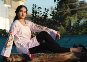 Rosewood Stripe Lawn Kurta, a stunning 1-piece pink and white striped lawn kurta with intricate machine embroidery on the neck and sleeves featuring vibrant pink, yellow, and green