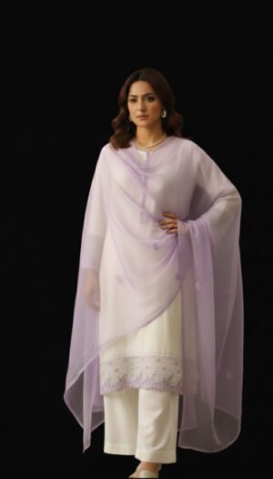 Ethereal Onyx Jewel, a stunning 3-piece suit featuring a black lawn kurta with exquisite stones on the neck, delicate lace on the sleeves and bottom, and a flowing shaffon dupatta.