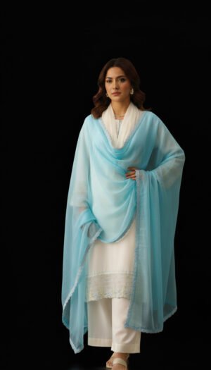 Onyx Jewel Shaffon Suite, a stunning 3-piece suit featuring a black lawn kurta with exquisite stones on the neck, delicate lace on the sleeves and bottom, and a flowing shaffon dupatta