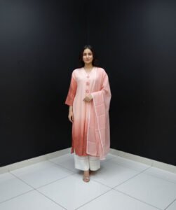 Peach Ombré Chikankari Masterpiece, a stunning 3-piece lawn ensemble featuring a gradient peach kurta with chicken kari sleeves, exquisite cut-dana work on the neck with fancy flower buttons, paired with a lace-bordered lawn dupatta and white lace-hemmed palazzo pants.,