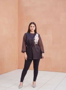 Ethereal Bloom Organza Set, a stunning 2-piece ensemble featuring a sheer, belted organza coat with an exquisite floral applique on the shoulder, worn over a flawless silk inner slip shirt