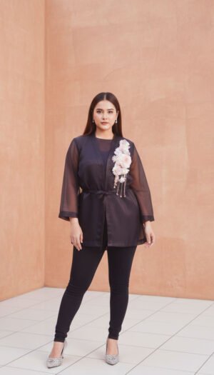 Ethereal Bloom Organza Set, a stunning 2-piece ensemble featuring a sheer, belted organza coat with an exquisite floral applique on the shoulder, worn over a flawless silk inner slip shirt