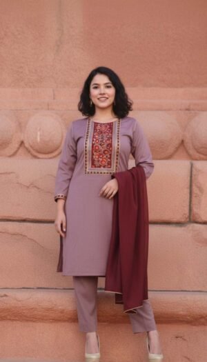 Mauve Blossom Gota Ensemble, a stunning 3-piece mauve lawn suit featuring a vibrant exquisite floral patch on the neck and border, paired with a matching lawn dupatta adorned with gota lace work.