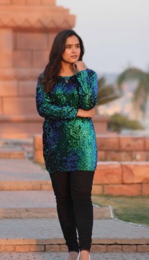 Glitz Horizon Sequence Shirt, a stunning high-shine top featuring hand-stitched sequences in a multi-tonal pattern, exclusively by Asmar Poshak.