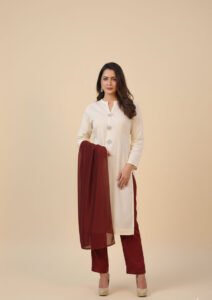 Ivory Crystal Bloom Ensemble, a stunning 3-piece ivory lawn suit featuring exquisite fancy crystal buttons on the neckline, paired with matching maroon trousers and a radiant maroon lawn dupatta.