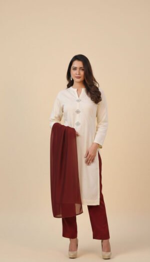 Ivory Crystal Bloom Ensemble, a stunning 3-piece ivory lawn suit featuring exquisite fancy crystal buttons on the neckline, paired with matching maroon trousers and a radiant maroon lawn dupatta.