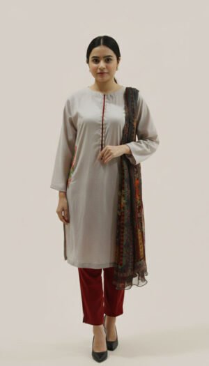 Celestia Shaffon Symphony, a stunning 3-piece suit featuring a black lawn kurta with exquisite stones on the neck, matching trousers, and a radiant flowing shaffon dupatta