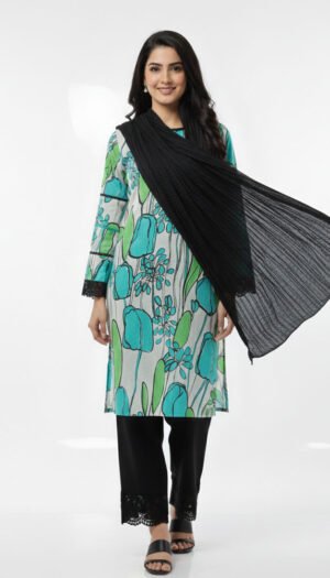Serene Petal Lawn Ensemble, a stunning 3-piece floral lawn suit featuring exquisite white lace on sleeves, a matching printed dupatta, and tailored trousers.