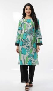 Serene Petal Lawn Ensemble, a stunning 3-piece floral lawn suit featuring exquisite white lace on sleeves, a matching printed dupatta, and tailored trousers.