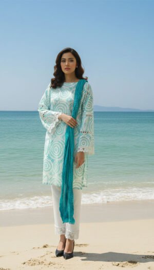 Midnight Echo Crush Ensemble, a stunning 3-piece suit featuring a deep-toned lawn kurta with exquisite lace on the sleeves, matching trousers, and a radiant textured crush lawn dupatta