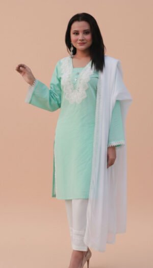Serene Mint Lace Masterpiece, a stunning 3-piece mint green lawn ensemble featuring exquisite white lace on the neckline, sleeves, and side slits, paired with a sheer white shaffon dupatta and matching white lace-hemmed trousers.