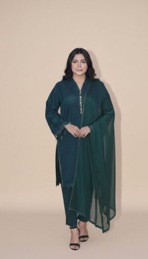 Emerald Tassel Sovereign Suit, a stunning 3-piece deep teal lawn ensemble featuring exquisite gold tassel work on the neckline, paired with a matching regal shaffon dupatta.