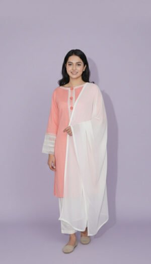 Pastel Petal Lace Ensemble, a stunning 3-piece peach-colored lawn suit featuring exquisite lace work on the neck, sleeves, and shalwar, paired with a sheer white shaffon dupatta.