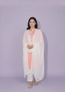 Pastel Petal Lace Ensemble, a stunning 3-piece peach-colored lawn suit featuring exquisite lace work on the neck, sleeves, and shalwar, paired with a sheer white shaffon dupatta.