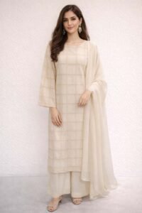 Azure Serenity Lace Ensemble, a stunning 3-piece mint green lawn suit featuring exquisite white lace on the neckline and sleeves, paired with a sheer white shaffon dupatta and matching white lace-hemmed trousers.