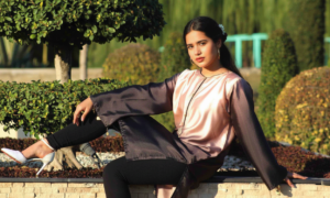 Rosewood Ombre Silk Fusion Western kurta, a stunning gradient silk piece transitioning from soft rose gold to deep charcoal,