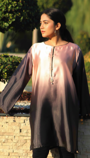 Rosewood Ombre Silk Fusion Western kurta, a stunning gradient silk piece transitioning from soft rose gold to deep charcoal,
