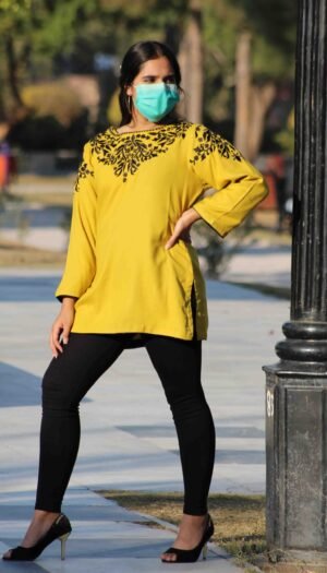 Azure Western Bloom linen kurta, featuring intricate machine embroidery in a western cut with contemporary floral motifs