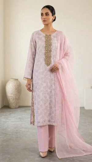 Celestia Monolith, a stunning 3-piece ensemble featuring a premium lawn shirt with exquisite silk-tassel sleeves, paired with luxurious silk straight trousers and a sheer radiant organza dupatta.