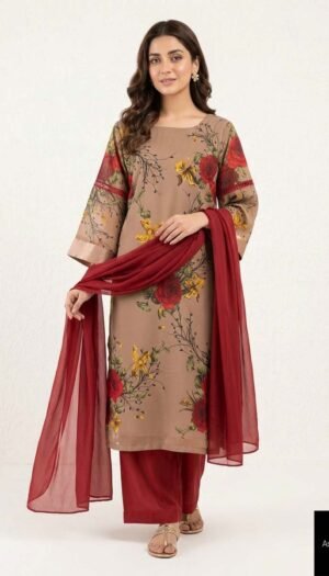 Azure Silk-Palazzo Sovereign, a stunning 3-piece ensemble featuring a premium lawn shirt, a sheer radiant shafon dupatta, and luxurious silk palazzo pants with a regal drape.