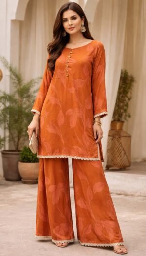 Saffron Glow Suite, a stunning 3-piece vibrant orange lawn suit featuring an exquisite tailored shirt, matching trousers, and a sheer, radiant shafoon dupatta with a regal drape.