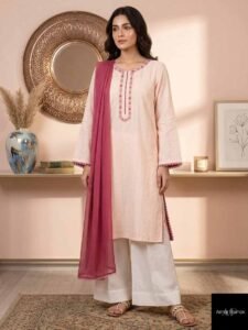 Azure Chantilly Suite, a stunning 3-piece premium lawn ensemble featuring an exquisite lace-detailed shirt, wide-leg regal palazzo pants, and a sheer radiant shaffon dupatta with delicate lace borders.