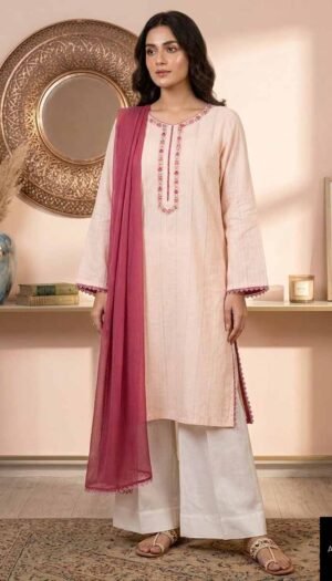 Azure Chantilly Suite, a stunning 3-piece premium lawn ensemble featuring an exquisite lace-detailed shirt, wide-leg regal palazzo pants, and a sheer radiant shaffon dupatta with delicate lace borders.