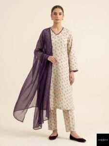 Seraphina Monograph, a stunning 3-piece premium lawn suit featuring exquisite lace work on the shirt, paired with flawless straight trousers and an ethereal radiant shaffon dupatta.