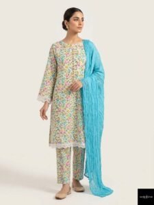 Marfil Ripple Suite, a stunning 3-piece premium lawn suit featuring exquisite lace work on the shirt, paired with flawless straight trousers and a uniquely textured radiant lawn crush dupatta.