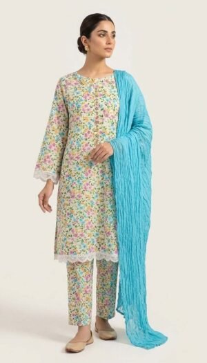 Marfil Ripple Suite, a stunning 3-piece premium lawn suit featuring exquisite lace work on the shirt, paired with flawless straight trousers and a uniquely textured radiant lawn crush dupatta.