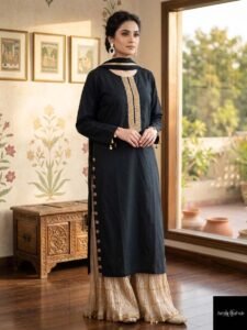 Amethyst Masuri Sharara, a stunning 3-piece vibrant purple lawn ensemble featuring an exquisite tailored shirt with regal back tassels, a voluminous crush sharara, and a shimmering radiant Masuri dupatta.