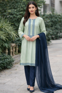 Pure Serenity Lawn Ensemble, a stunning 3-piece premium lawn suit featuring a tailored shirt, flawless lawn straight trousers, and a sheer radiant shafon dupatta.
