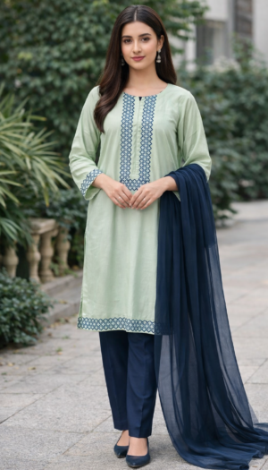 Pure Serenity Lawn Ensemble, a stunning 3-piece premium lawn suit featuring a tailored shirt, flawless lawn straight trousers, and a sheer radiant shafon dupatta.
