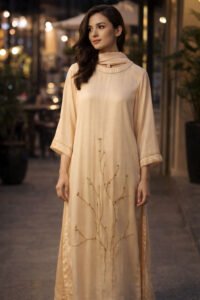 Crystal Cascade Suite, a stunning 3-piece premium pure fabric ensemble featuring a shirt with exquisite hand-worked stone detailing, paired with regal silk-finish palazzo pants and a sheer radiant shafon dupatta.