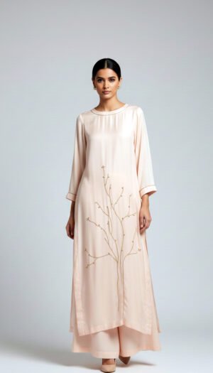 Crystal Cascade Suite, a stunning 3-piece premium pure fabric ensemble featuring a shirt with exquisite hand-worked stone detailing, paired with regal silk-finish palazzo pants and a sheer radiant shafon dupatta.